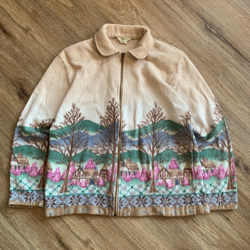 Vintage 1980s Teddi Fleece Jacket Winter Village - Full Zip - Medium Womens